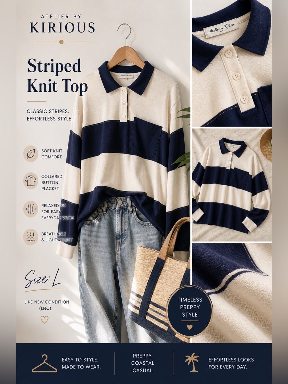Atelier by Kirious Striped Rugby Knit Top Navy Cream Size L